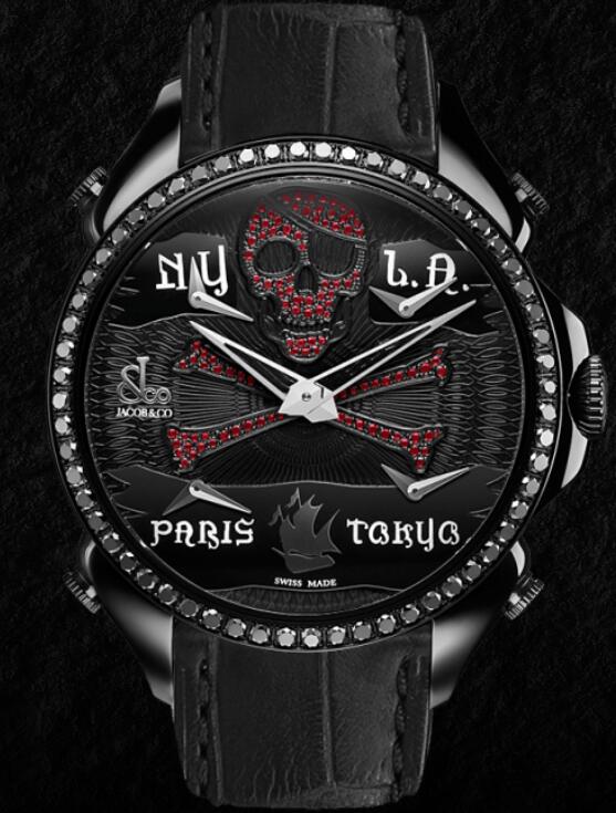 Jacob & Co PALATIAL FIVE TIME ZONE PIRATE BLACK PVD RUBY SET DIAL & BLACK DIAMOND SET BEZEL PZ500.11.SO.NU.A Replica watch